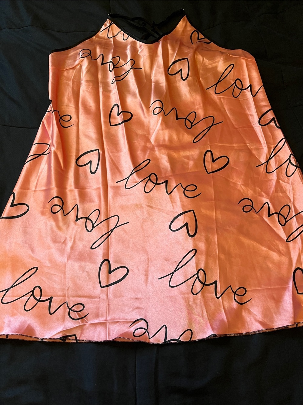 Xhilaration Peach Pink Satin Halter Chemise with Black Script Hearts